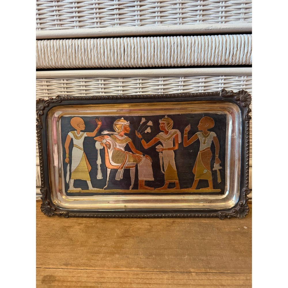 Egyptian Revival mixed-metal serving tray wall plaque ornate edge middle eastern